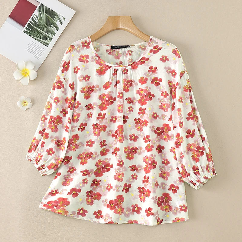 ZANZEA Women Ditsy Floral Blouses 2025 Summer Loose Casual O Neck 3/4 Sleeve Blusas Mujer Bohemian Vintage Elegant Smock Tops