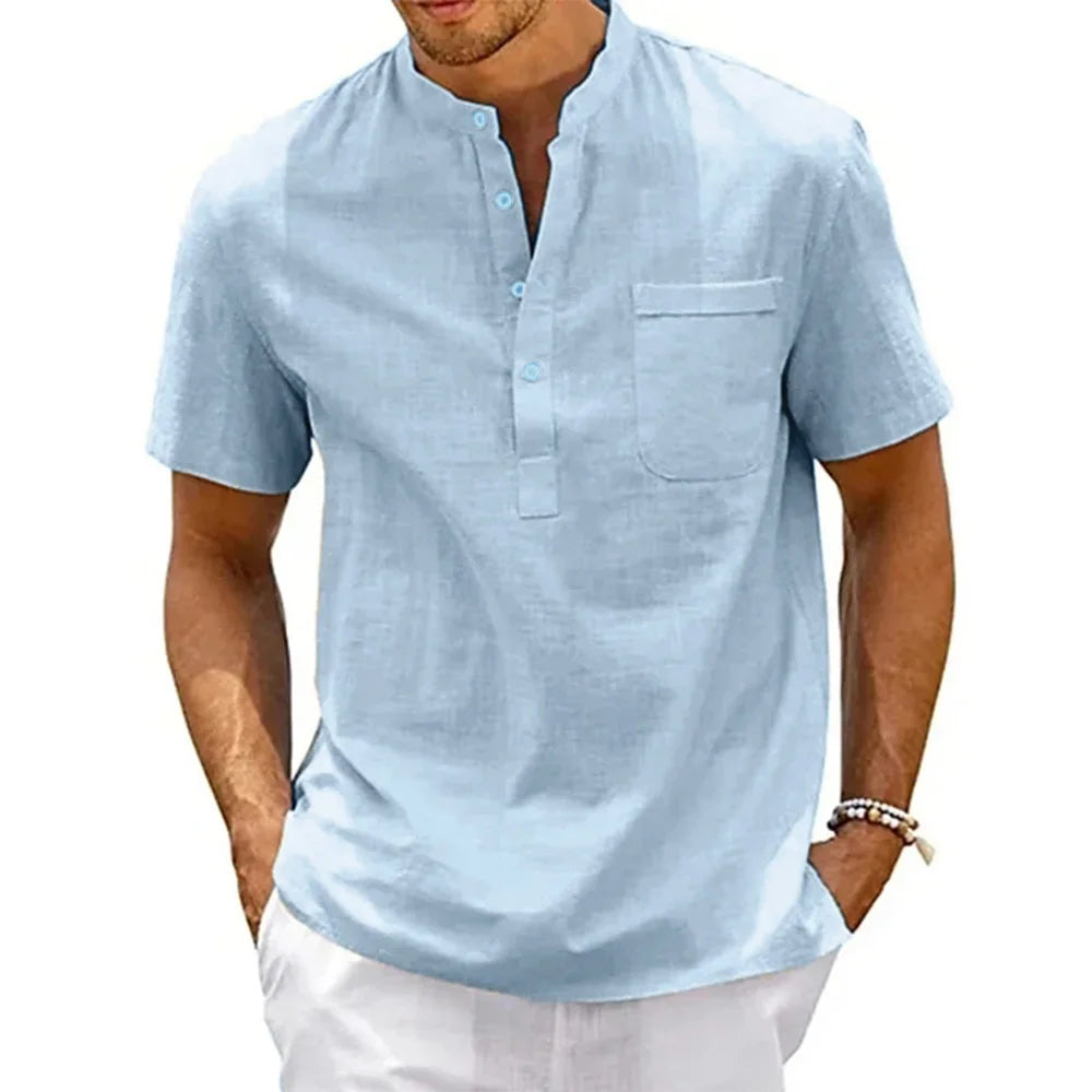 Men's Cotton Linen Henley Shirt – Casual Short Sleeve Vintage Beachwear with Pocket