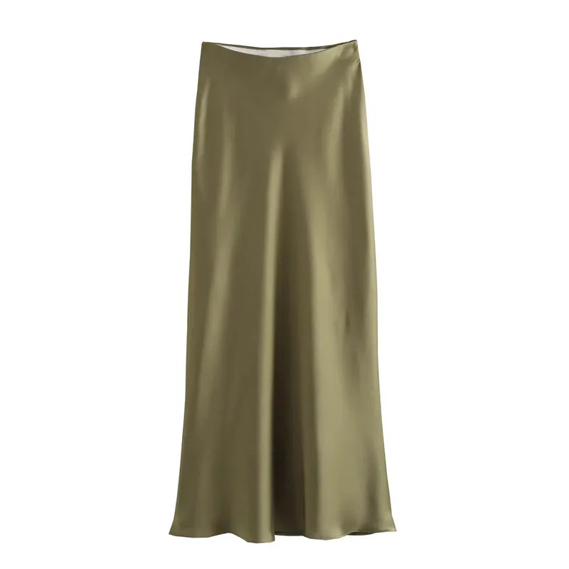 Elegant TRAF Woman 2024 Satin High Waist Midi Skirt