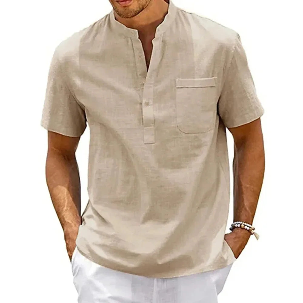 Men's Cotton Linen Henley Shirt – Casual Short Sleeve Vintage Beachwear with Pocket