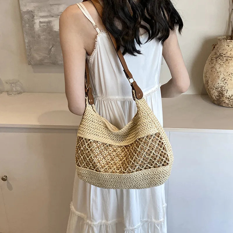 Handmade Summer Straw Shoulder Bag – Large Capacity Crochet Beach Tote for Women