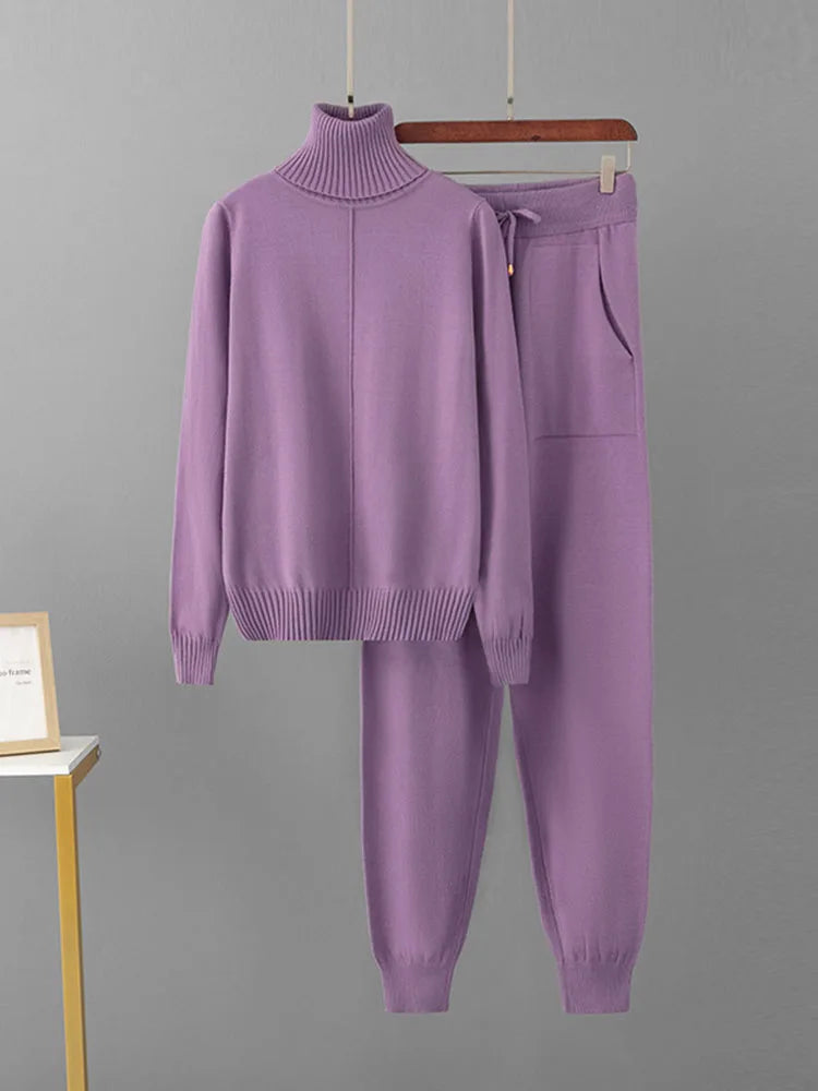 Women's Candy Color Knitted 2-Piece Set – Turtleneck Pullover Sweater and High-Waisted Harem Pants (Multiple Colors)