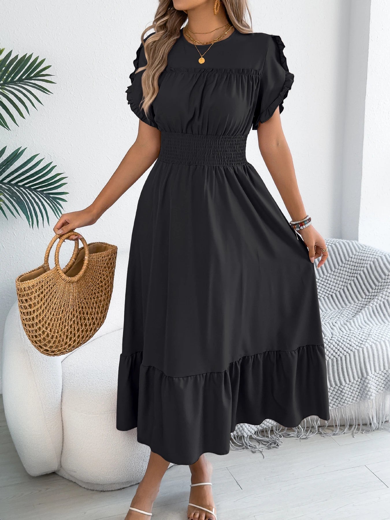 Casual Elegant Round Neck Ruffled Waist Dress for Women