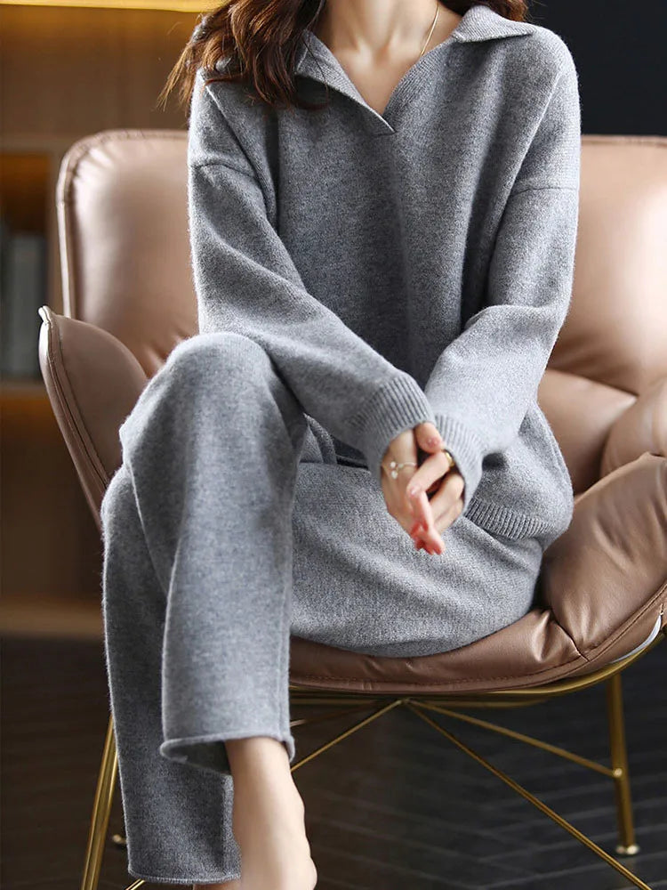 Women's Casual Knitted 2-Piece Set – Korean Polo Neck Sweater and High-Waisted Ankle-Length Harem Pants