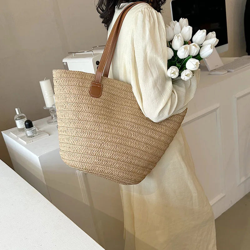 Large Capacity Straw Shoulder Tote – Luxury Beach Bag, Summer Woven Handbag