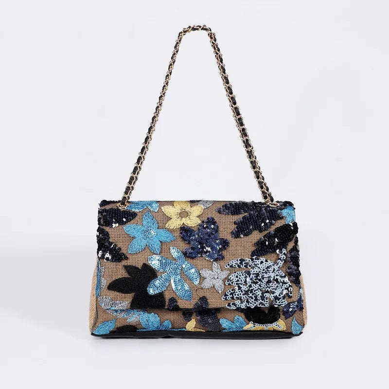 Women’s Large Capacity Cotton Messenger Bag – Sequins Woven Chain Strap Shoulder Bag