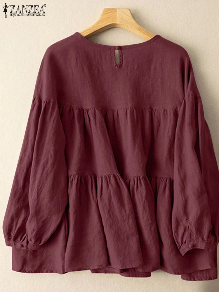 ZANZEA Autumn Vintage Long Sleeve Cotton Blouse for Women