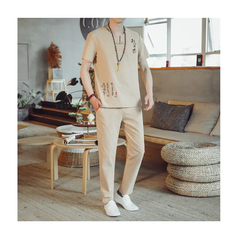 2024 Summer Casual Chinese Style Cotton Linen Suit Set