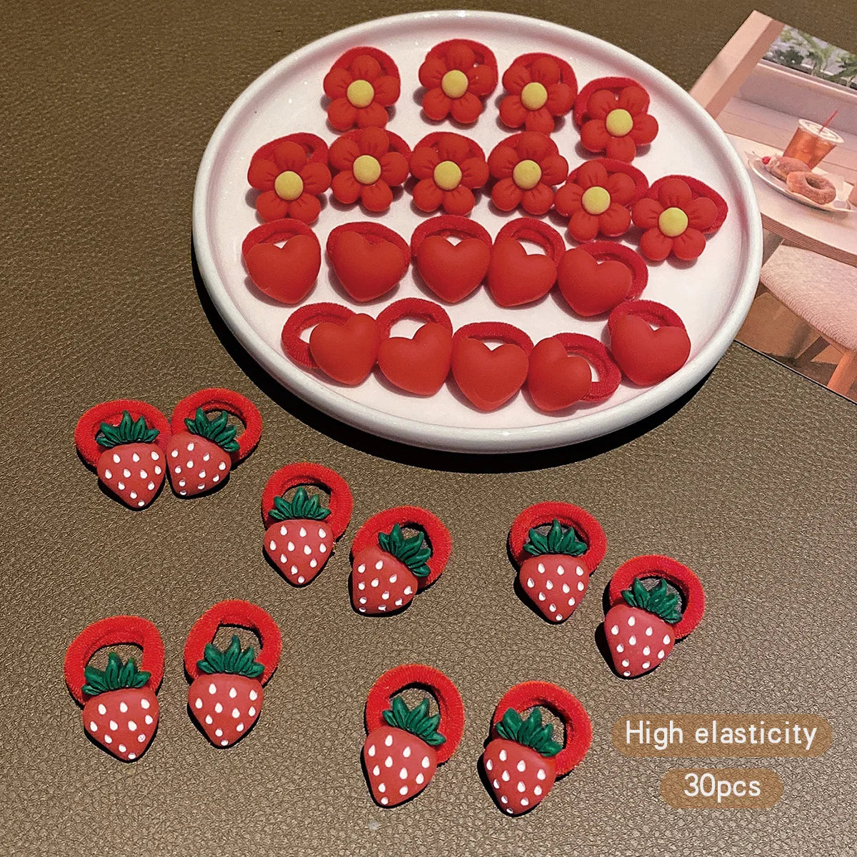 Charming 30 Red Flower Strawberry Elastic Bands For Daily Use