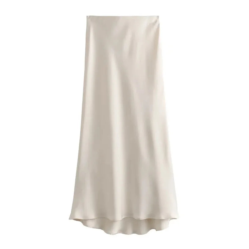 Elegant TRAF Woman 2024 Satin High Waist Midi Skirt