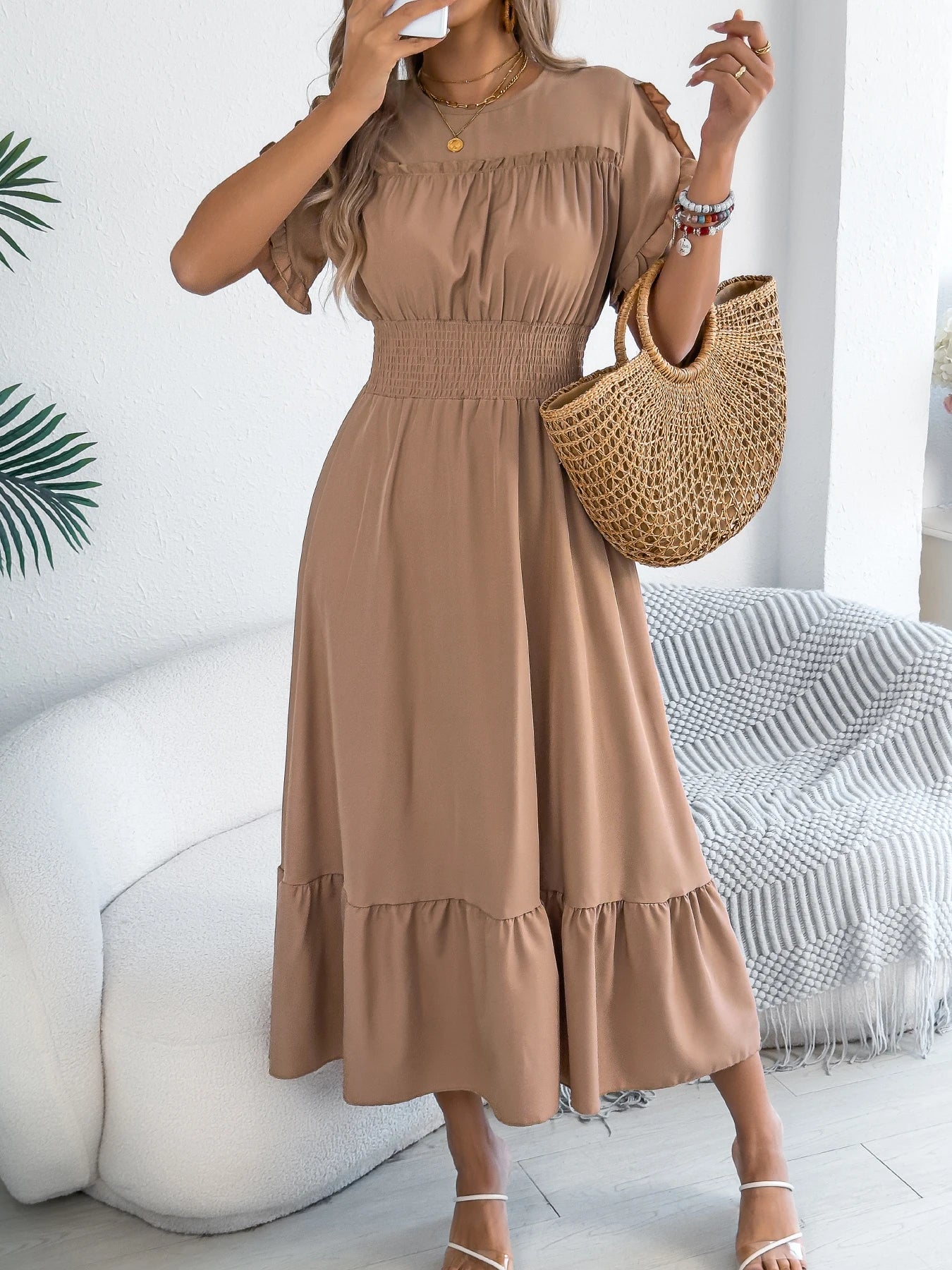 Casual Elegant Round Neck Ruffled Waist Dress for Women