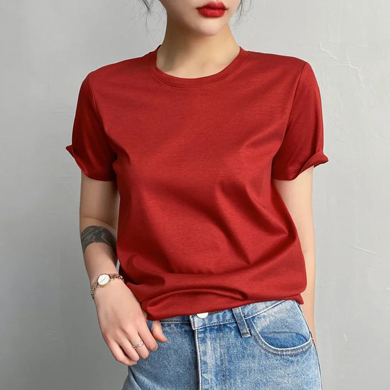 Soft Mulberry Silk Cotton T-Shirt for Women – Loose Fit, Round Neck, Short Sleeve, High-Quality Summer Top
