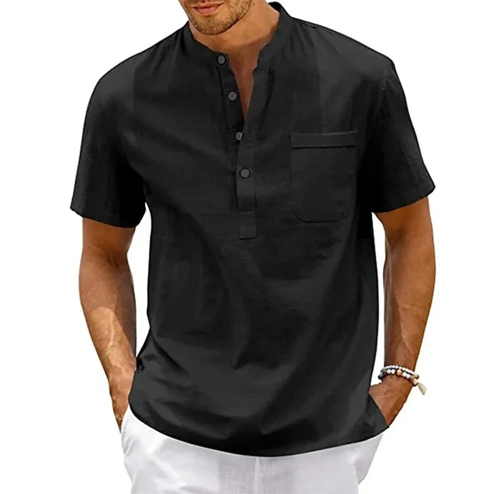 Men's Cotton Linen Henley Shirt – Casual Short Sleeve Vintage Beachwear with Pocket
