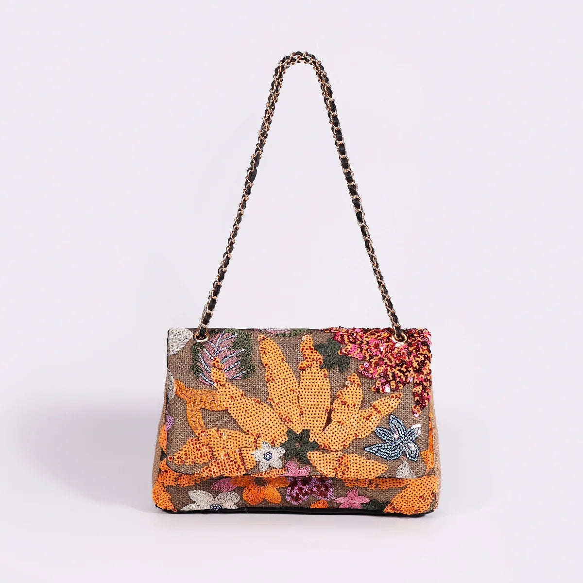 Women’s Large Capacity Cotton Messenger Bag – Sequins Woven Chain Strap Shoulder Bag