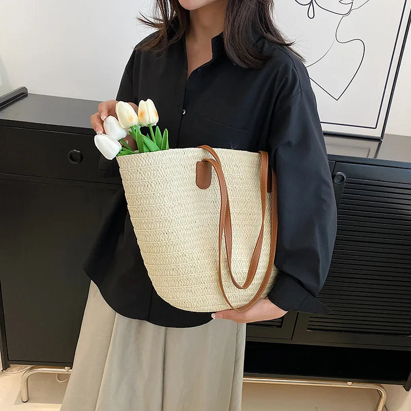 Large Capacity Straw Shoulder Tote – Luxury Beach Bag, Summer Woven Handbag