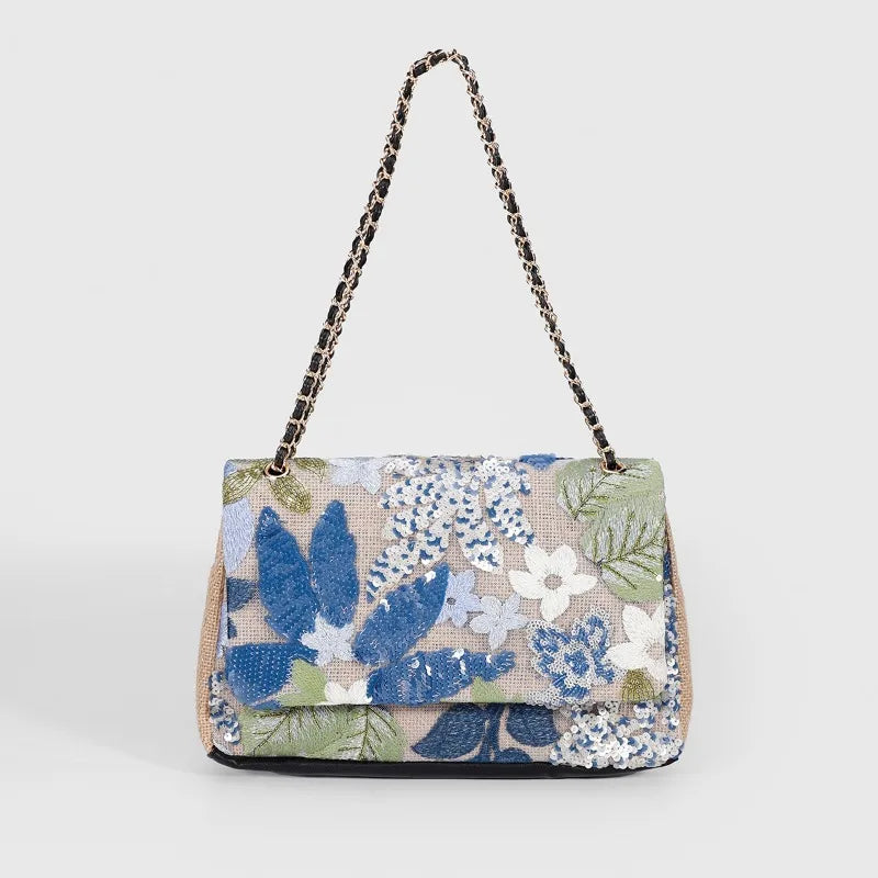 Women’s Large Capacity Cotton Messenger Bag – Sequins Woven Chain Strap Shoulder Bag