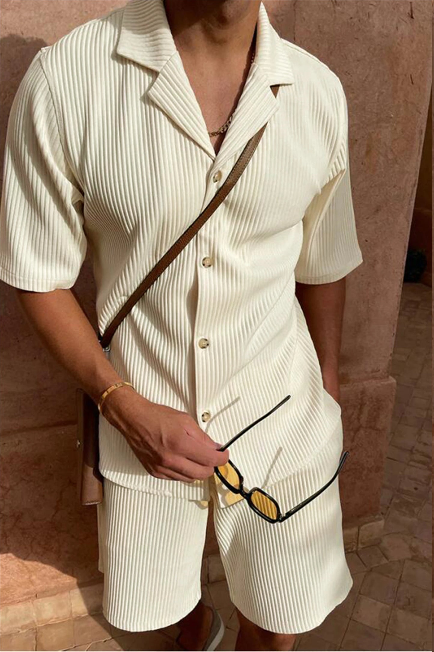 Men's Corduroy Short Sleeve Shirt & Shorts Set – Casual Summer Beach Outfit