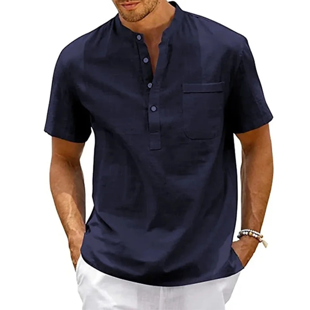 Men's Cotton Linen Henley Shirt – Casual Short Sleeve Vintage Beachwear with Pocket
