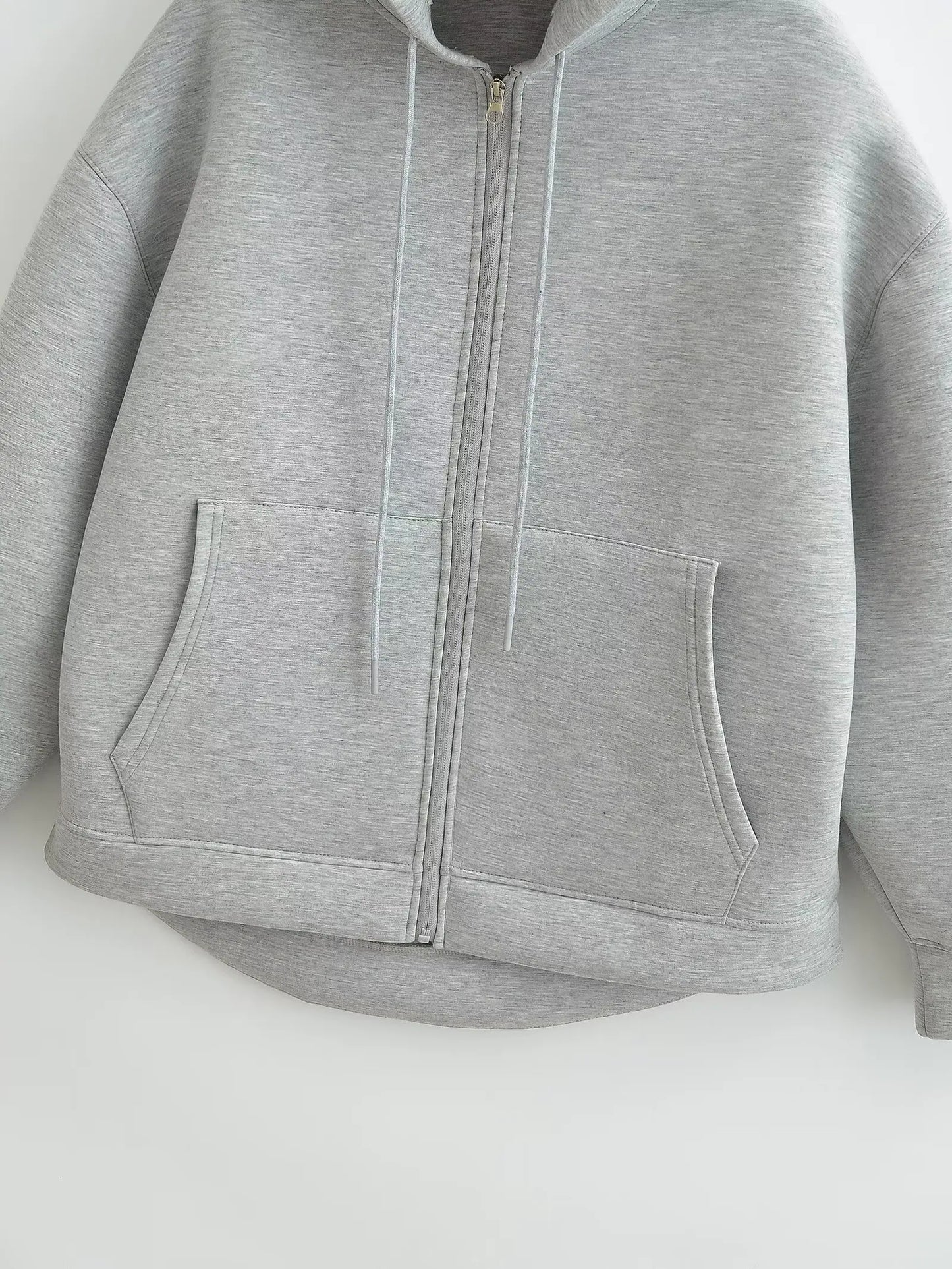 TRAFZA Women’s Autumn Gray Hooded Jacket – Zipper Coat with Big Pockets and Long Sleeves (Loose Fit)