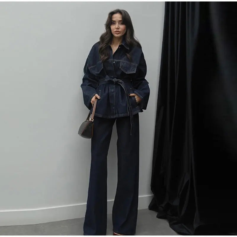 Women's Street Style Denim Jacket and Pants Set – Belted Spliced Lapel Jacket and High-Waisted Straight Pants (Spring 2025)