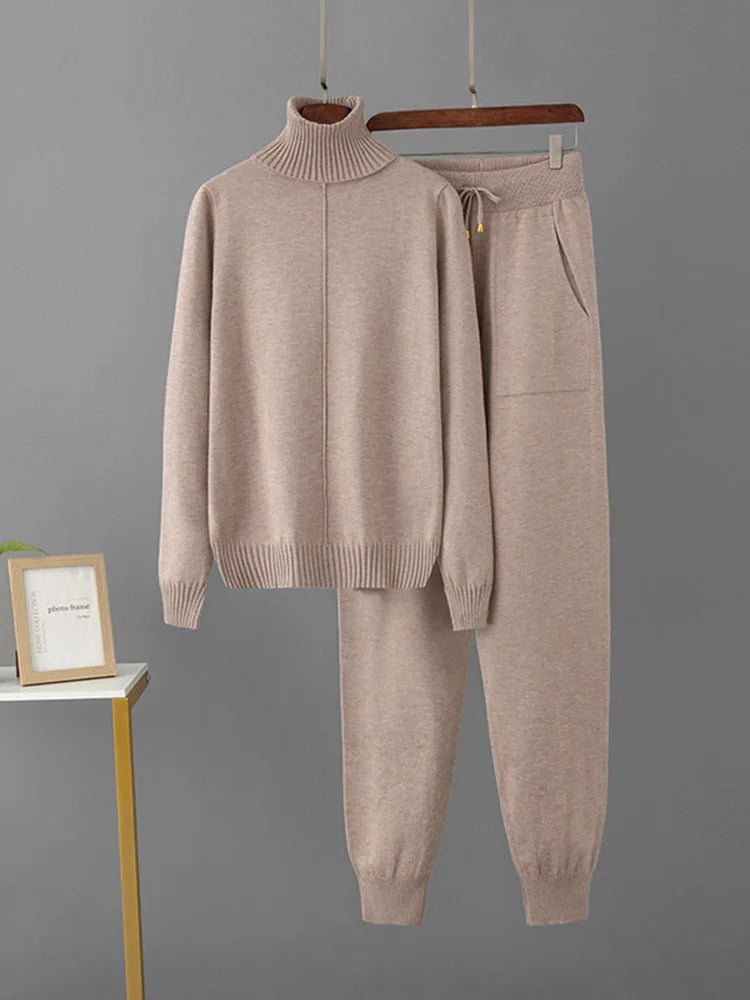 Women's Candy Color Knitted 2-Piece Set – Turtleneck Pullover Sweater and High-Waisted Harem Pants (Multiple Colors)