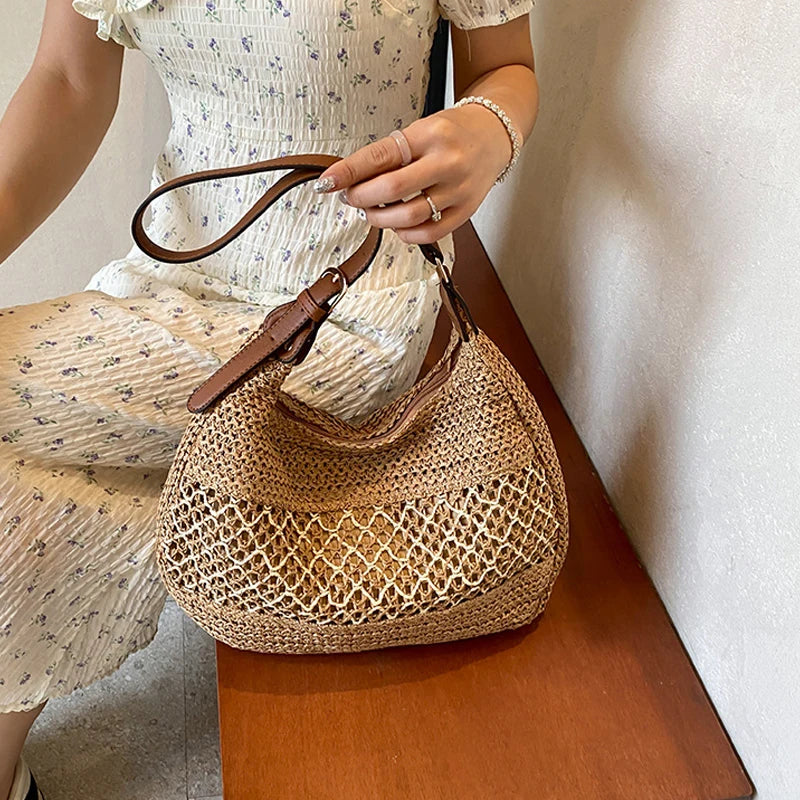 Handmade Summer Straw Shoulder Bag – Large Capacity Crochet Beach Tote for Women