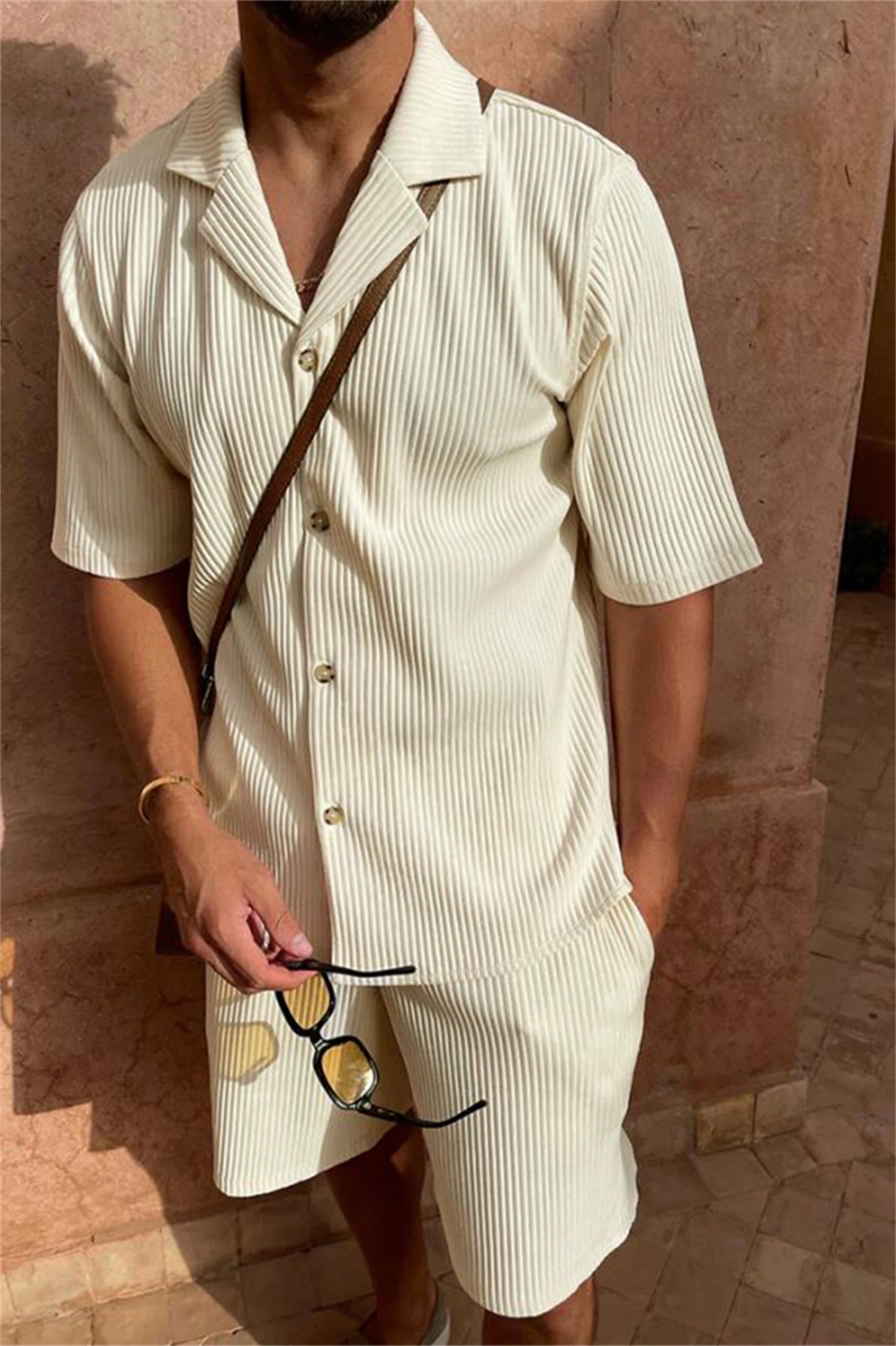 Men's Corduroy Short Sleeve Shirt & Shorts Set – Casual Summer Beach Outfit