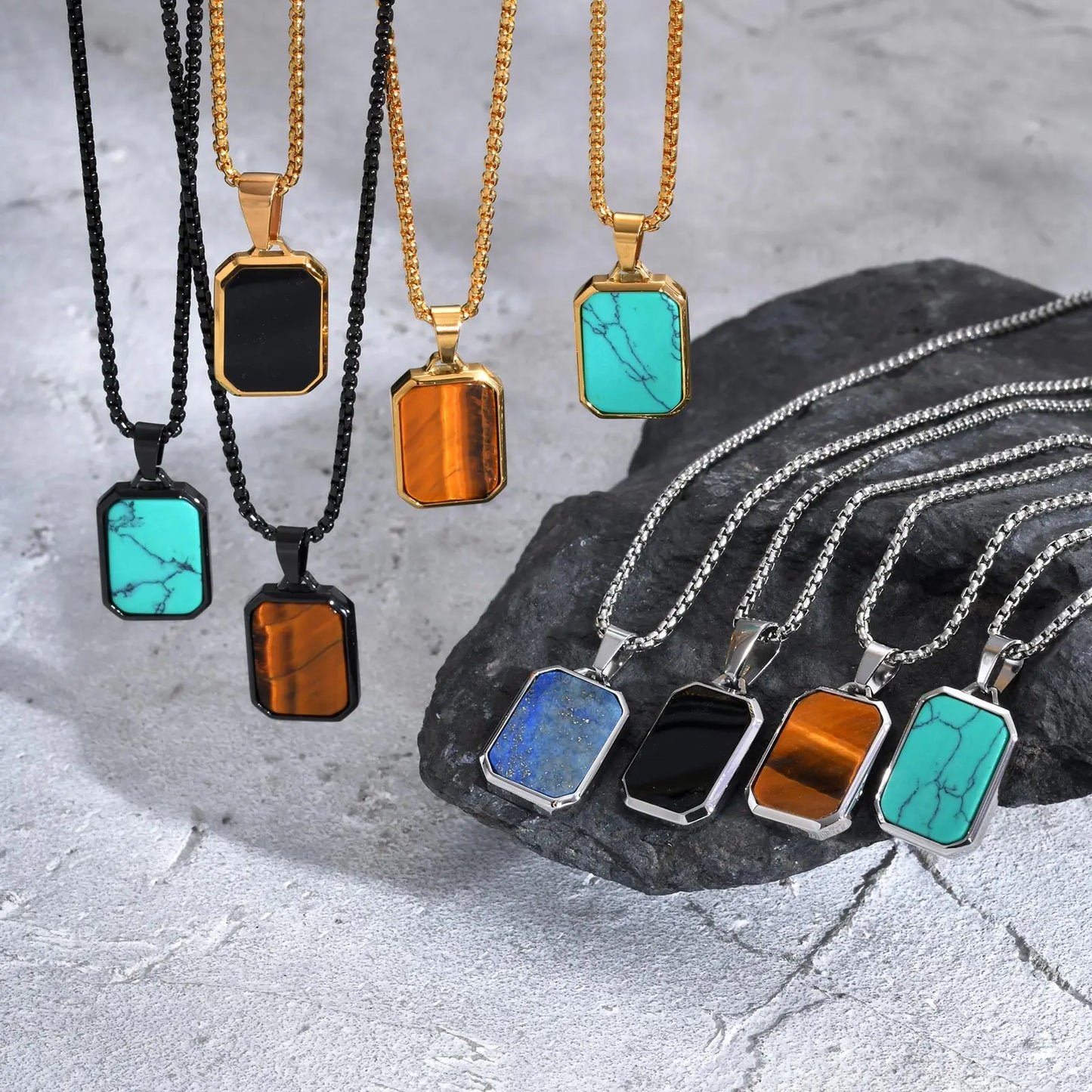 Trendy Pendant Necklaces for Men with Square Natural Stone