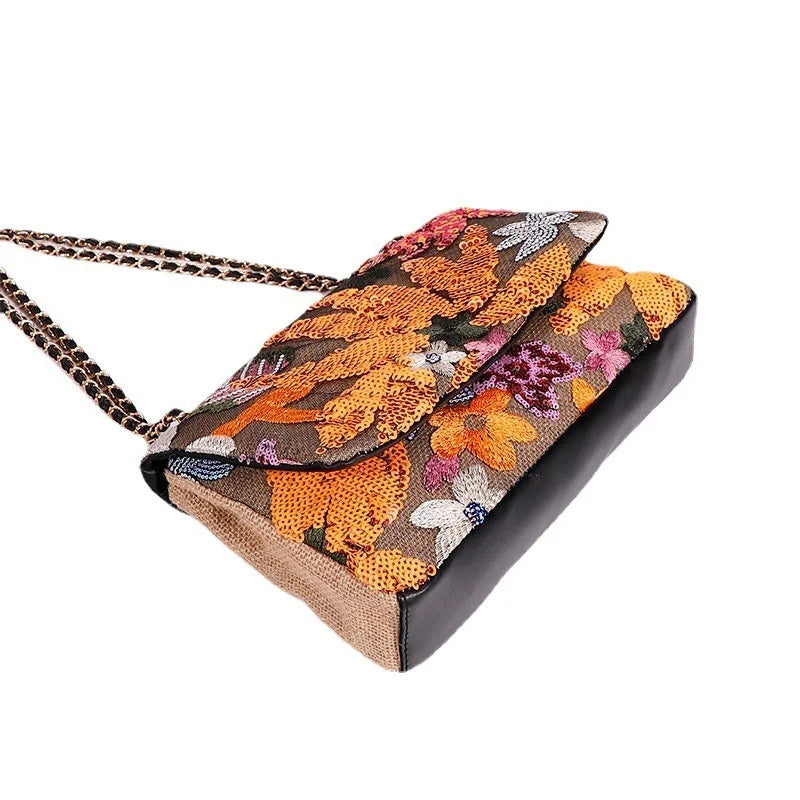 Women’s Large Capacity Cotton Messenger Bag – Sequins Woven Chain Strap Shoulder Bag