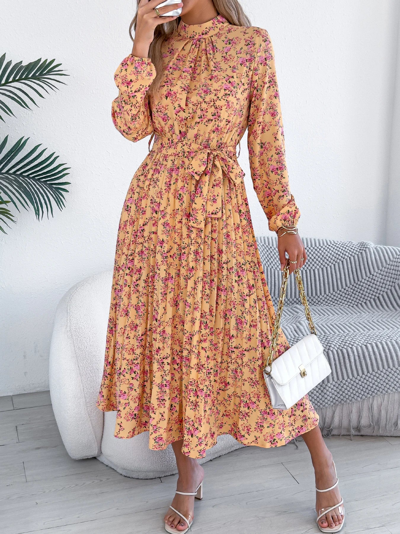 Floral Stand Up Collar Long Sleeve Bridesmaid Dress