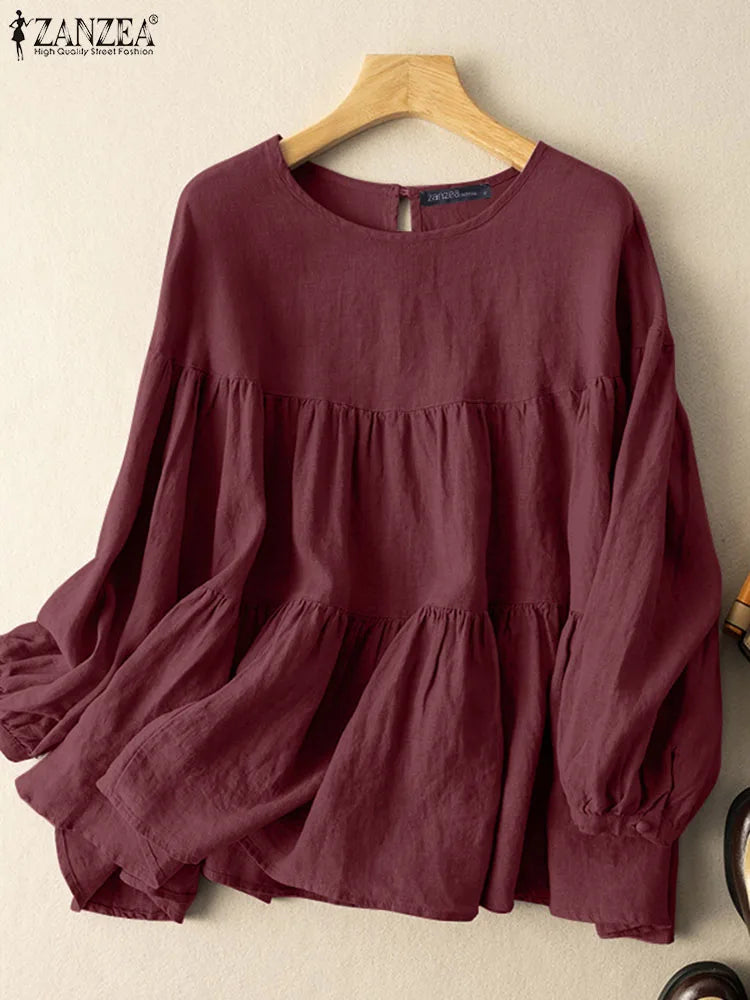 ZANZEA Autumn Vintage Long Sleeve Cotton Blouse for Women