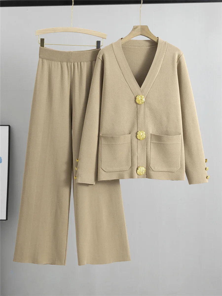 Women's Elegant Knitted 2-Piece Set – Korean Style Cardigan Sweater and High-Waisted Wide-Leg Pants Outfit