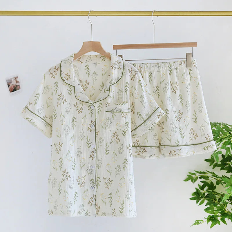 Japanese Summer Cotton Gauze Heart-Shaped Pajamas Suit