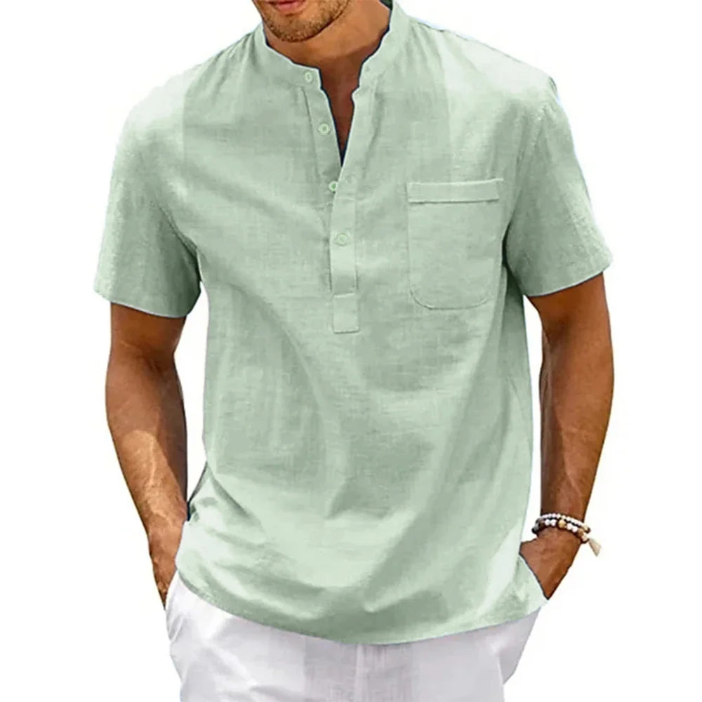 Men's Cotton Linen Henley Shirt – Casual Short Sleeve Vintage Beachwear with Pocket