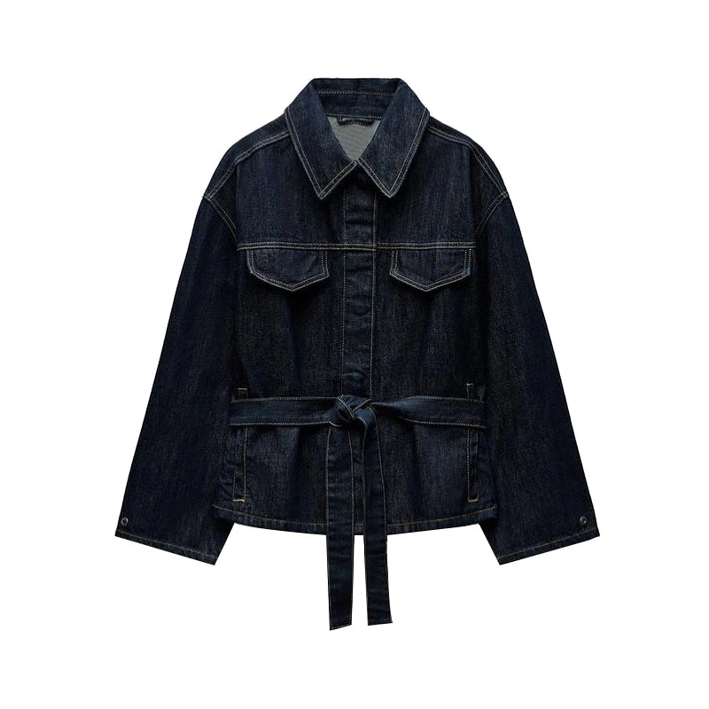 Women's Street Style Denim Jacket and Pants Set – Belted Spliced Lapel Jacket and High-Waisted Straight Pants (Spring 2025)
