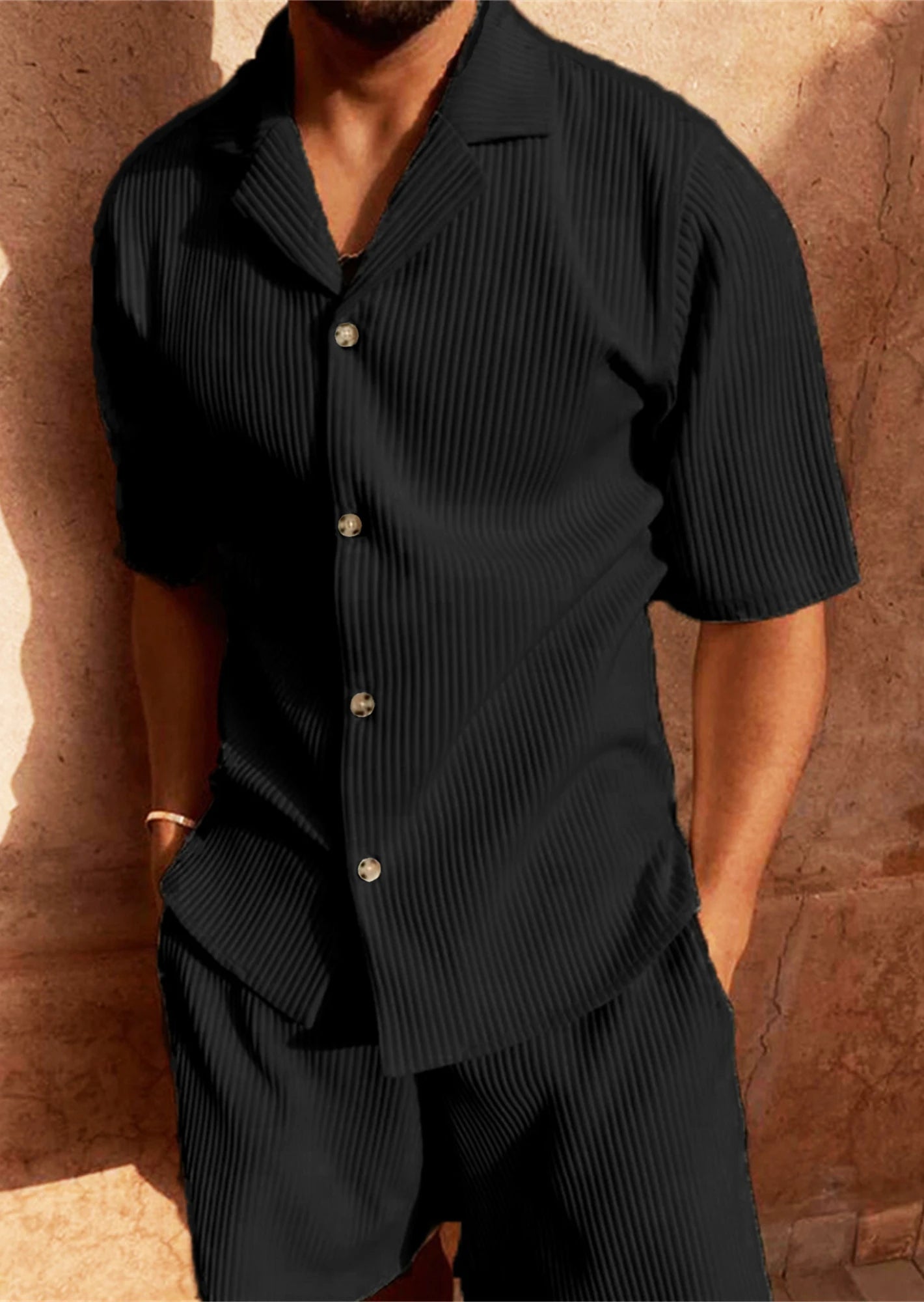 Men's Corduroy Short Sleeve Shirt & Shorts Set – Casual Summer Beach Outfit
