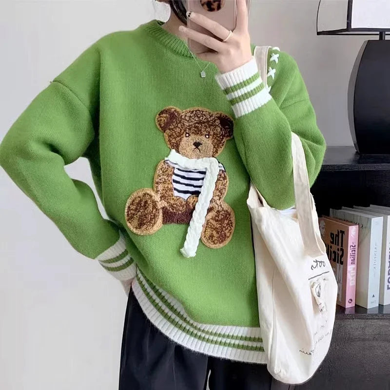 Unisex Kawaii Bear Embroidered Sweater – Harajuku Y2K Loose Fit Pullover