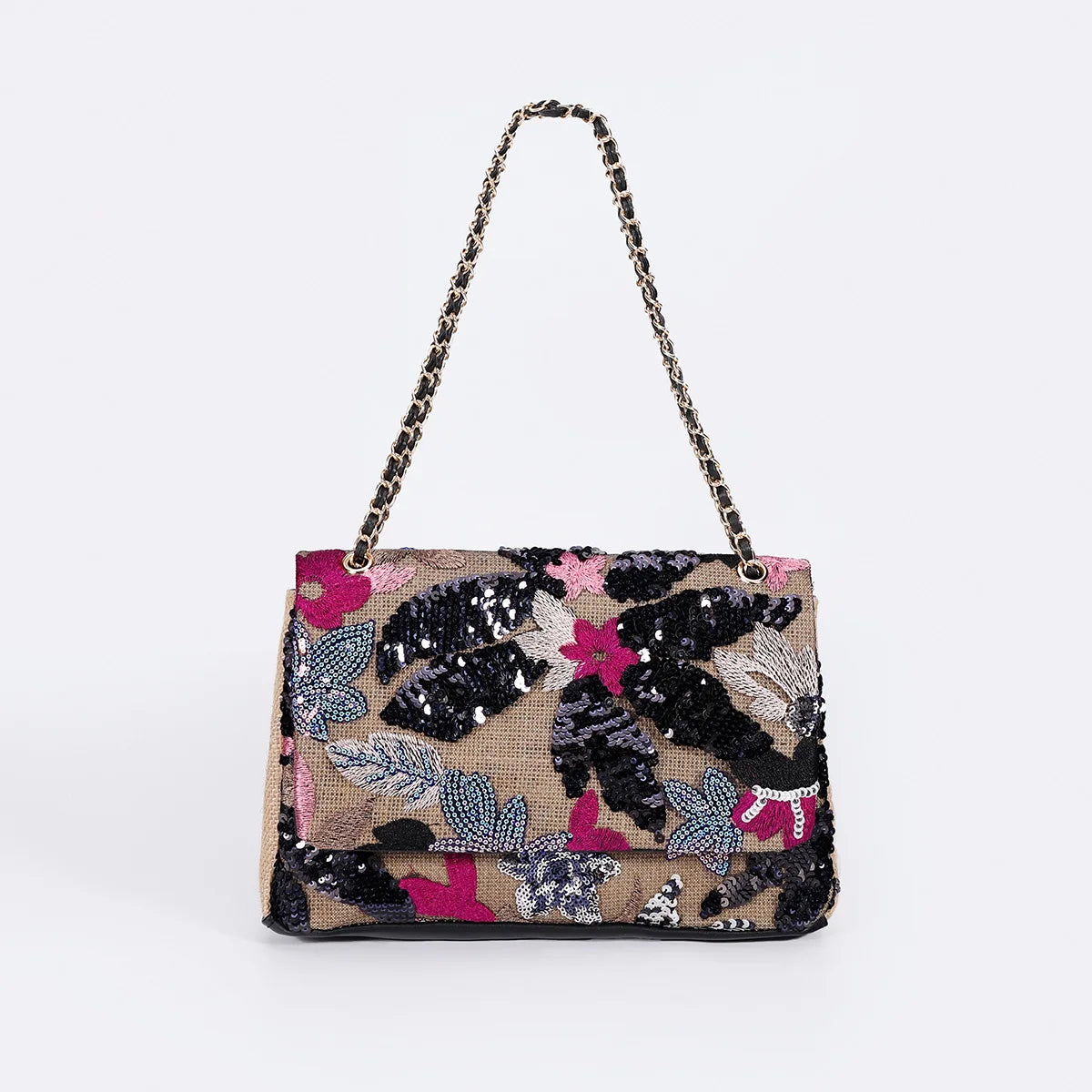 Women’s Large Capacity Cotton Messenger Bag – Sequins Woven Chain Strap Shoulder Bag