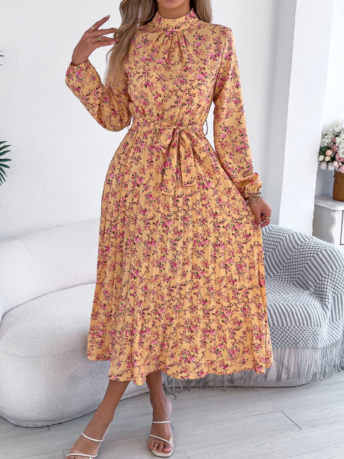Floral Stand Up Collar Long Sleeve Bridesmaid Dress