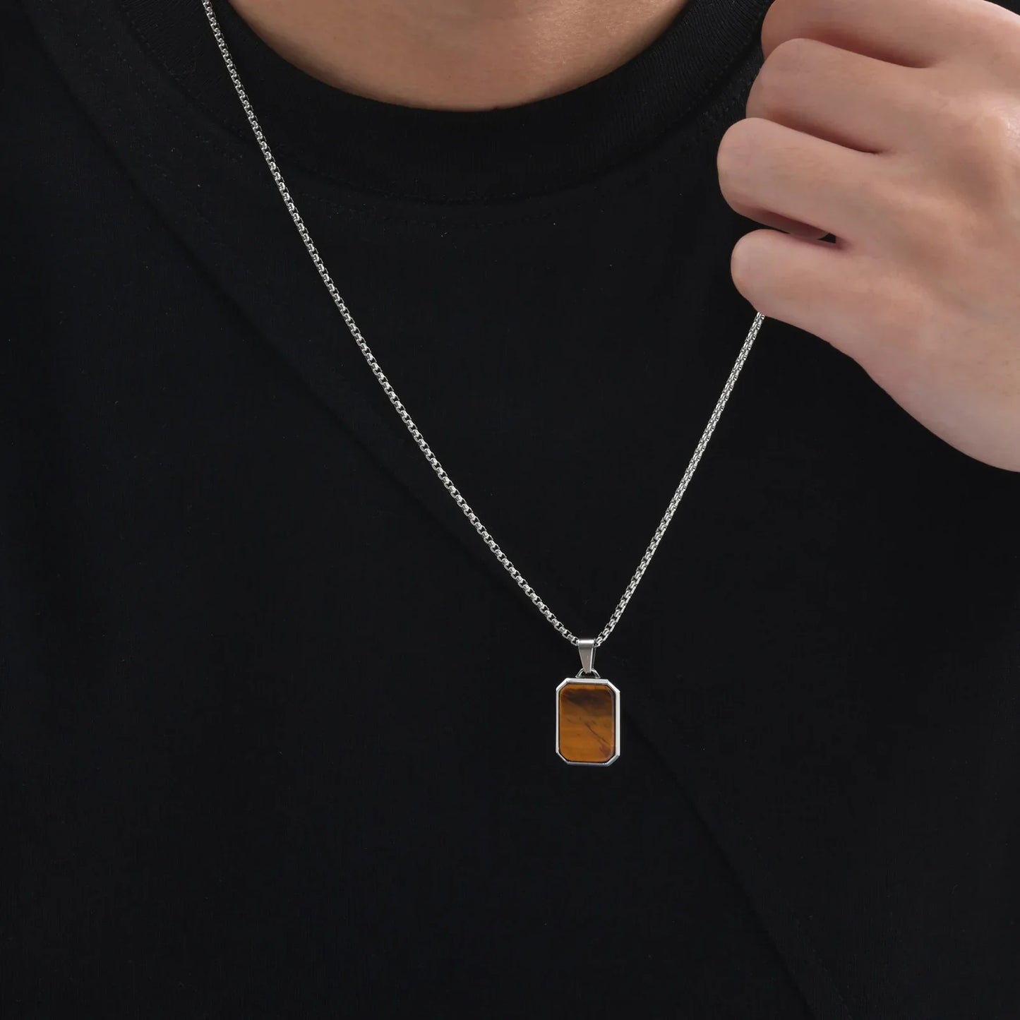 Trendy Pendant Necklaces for Men with Square Natural Stone