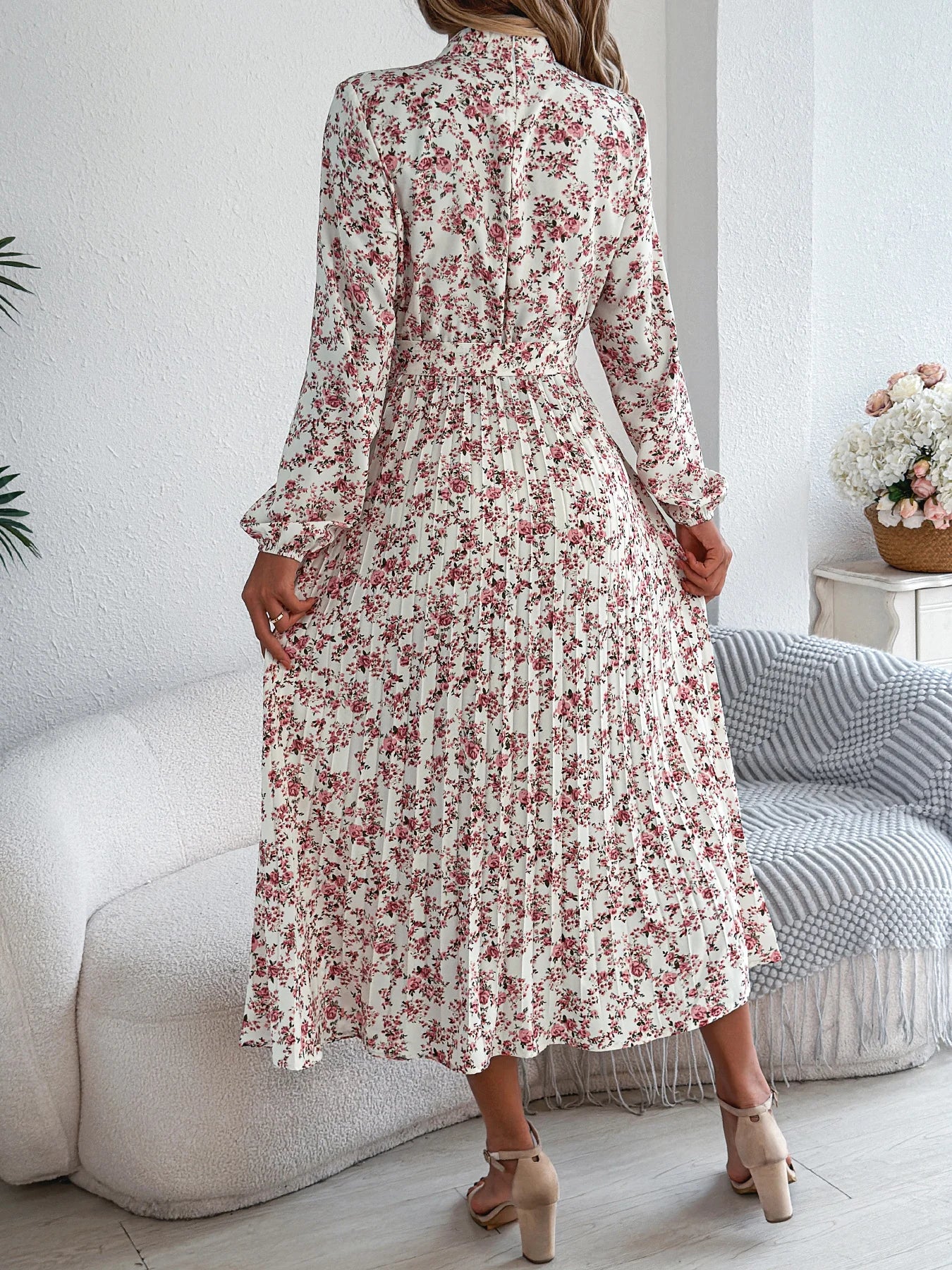 Floral Stand Up Collar Long Sleeve Bridesmaid Dress