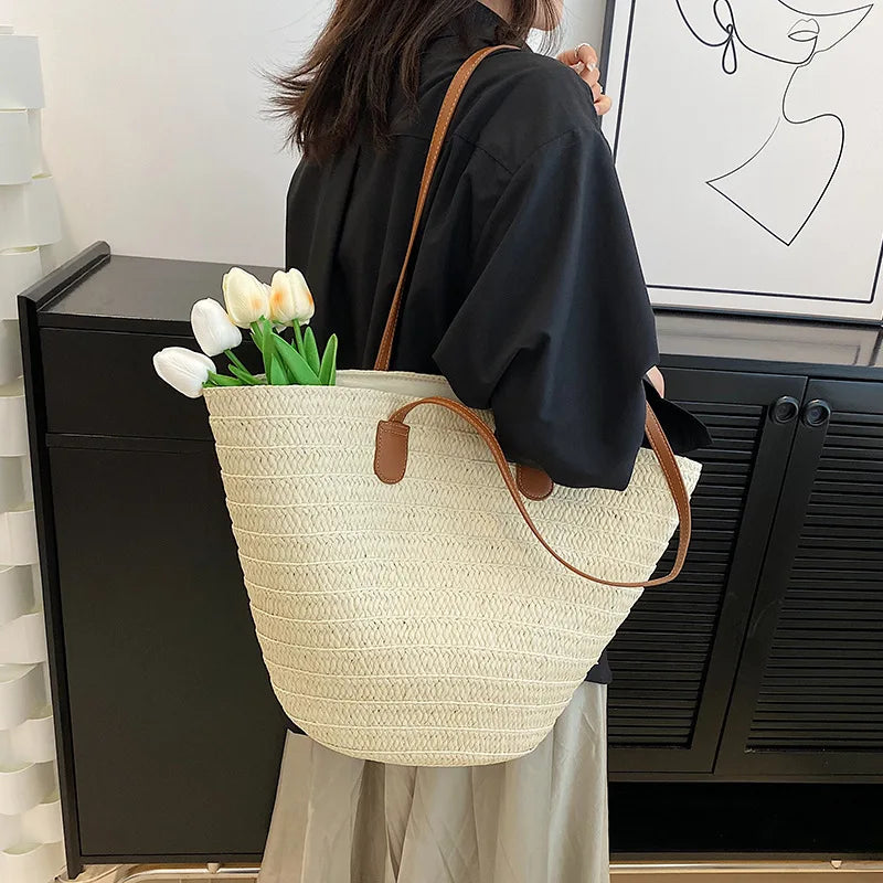 Large Capacity Straw Shoulder Tote – Luxury Beach Bag, Summer Woven Handbag