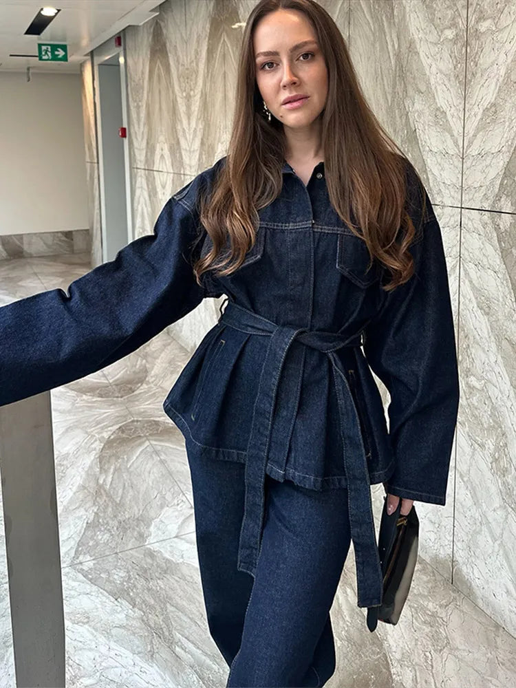 Women's Street Style Denim Jacket and Pants Set – Belted Spliced Lapel Jacket and High-Waisted Straight Pants (Spring 2025)