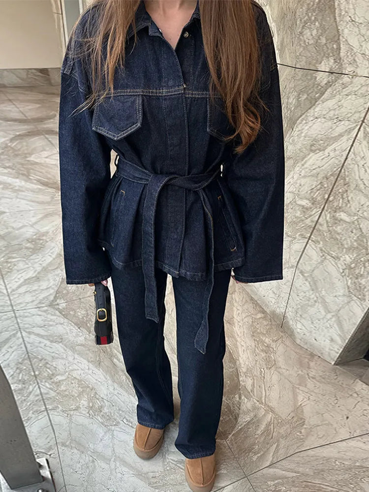Women's Street Style Denim Jacket and Pants Set – Belted Spliced Lapel Jacket and High-Waisted Straight Pants (Spring 2025)