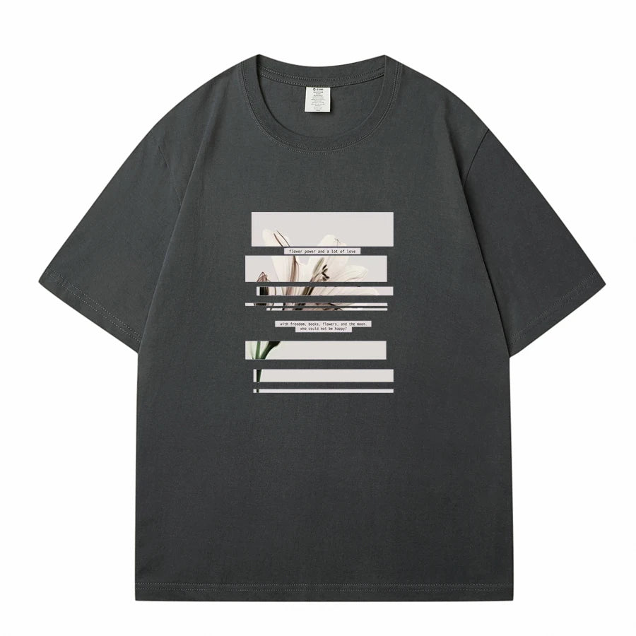 WAVLATII Women's Casual Dark Grey Flower Printed T-Shirt