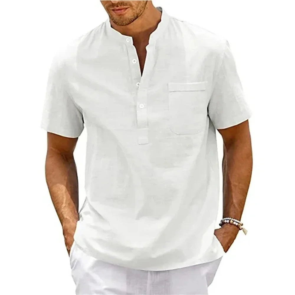 Men's Cotton Linen Henley Shirt – Casual Short Sleeve Vintage Beachwear with Pocket