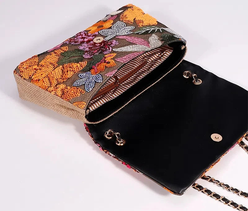 Women’s Large Capacity Cotton Messenger Bag – Sequins Woven Chain Strap Shoulder Bag