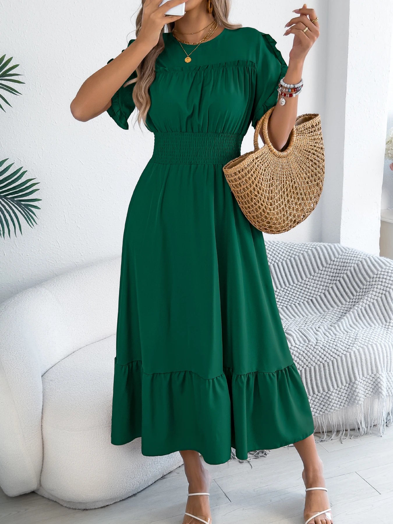 Casual Elegant Round Neck Ruffled Waist Dress for Women