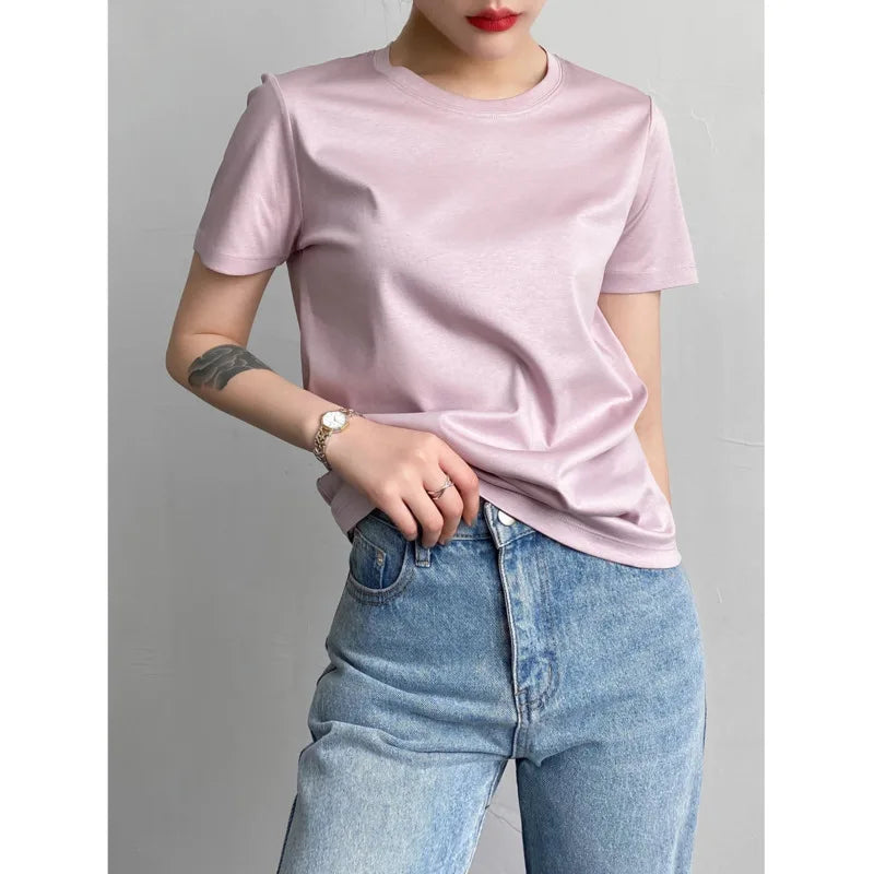 Soft Mulberry Silk Cotton T-Shirt for Women – Loose Fit, Round Neck, Short Sleeve, High-Quality Summer Top