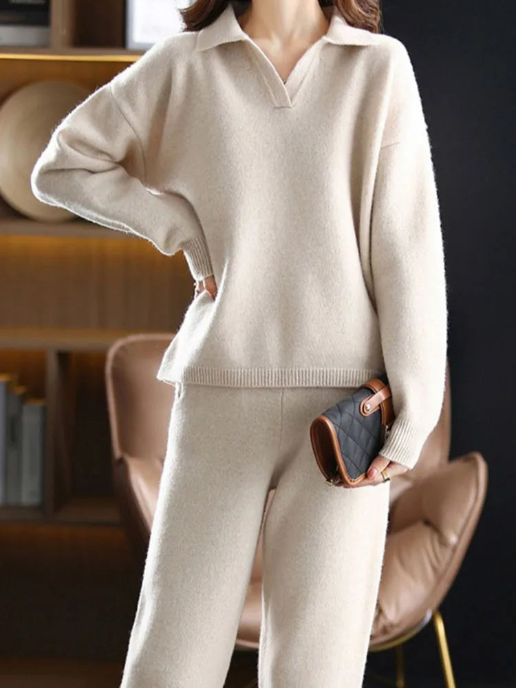 Women's Casual Knitted 2-Piece Set – Korean Polo Neck Sweater and High-Waisted Ankle-Length Harem Pants